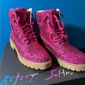 Betsey Johnson Fuchsia Glitter Lace-Up Boots
